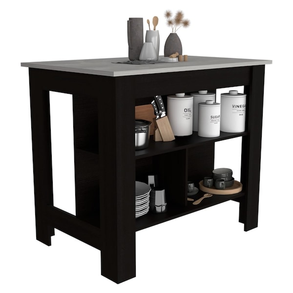 Tuhome Cala Kitchen Island, Four Legs, Three Shelves, Black/Ibiza Marble AWZ6538 - main